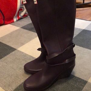 Purple wedge tall Hunter rain boots